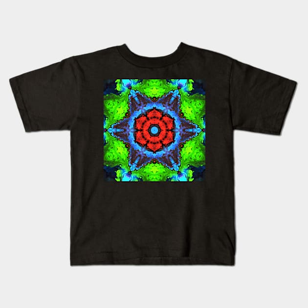 Psychedelic Kaleidoscope Red Blue and Green Kids T-Shirt by WormholeOrbital